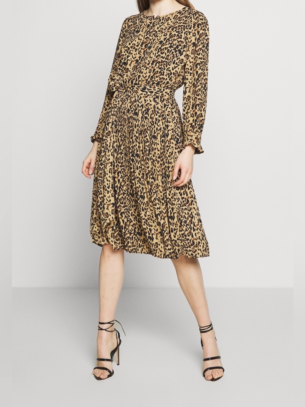 J. Crew Leopard-Print Tan and Black Midi Dress with Belt and pleated skirt
